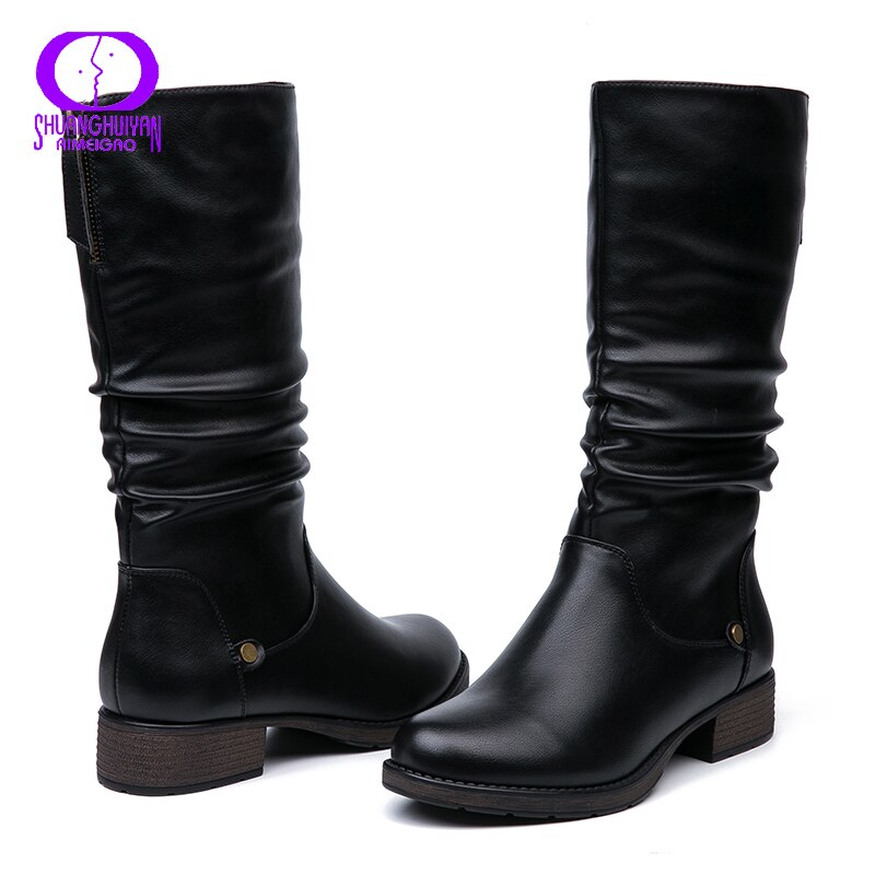 Aimeigao winter geplooide hoge laarzen dames warme halfhoge pu sneeuwschoenen dames korte pluche ronde neus rits laarzen dames zwart