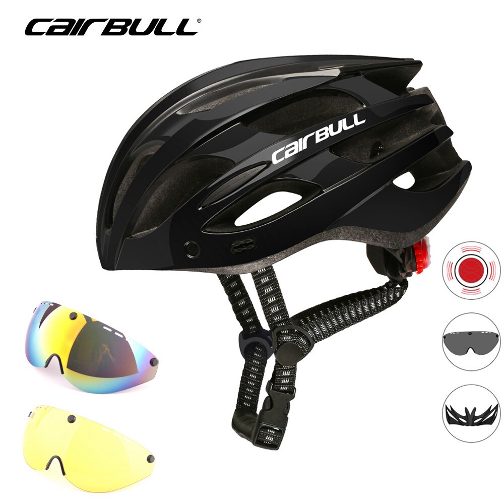 Cairbull-casco de ciclismo con 3 lentes, luz LED trasera con visera extraíble, gafas de seguridad Casco de Bicicleta de carretera, moldeados integralmente, cascos de MTB: black 3 lens