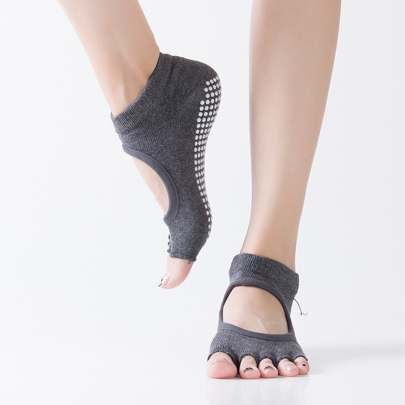 WOYYHO de Yoga-Calcetines antideslizantes con cinco dedos para mujer, medias deportivas transpirables con la espalda descubierta para ejercicio en el gimnasio, medias de algodón para masaje y Fitness: Dark  Gray