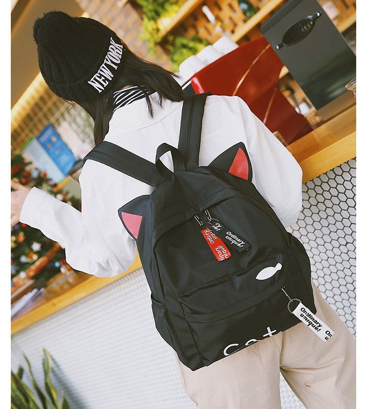 Harajuku Ulzzang Leuke 3D Lange Oren Konijn Cartoon Kat Bruine Beer Rugzak Vrouwen Kleine schooltas Voor Meisjes Reizen Schoudertassen: black