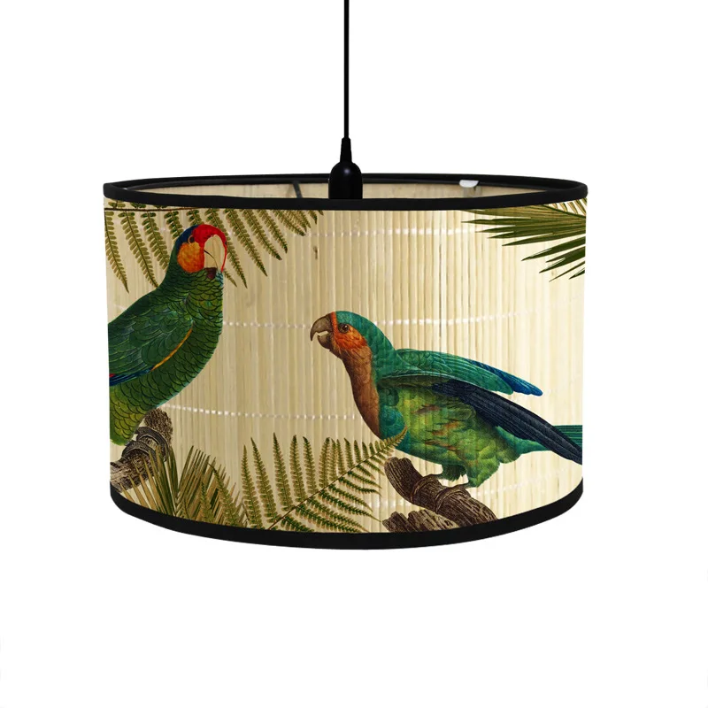 Nordische Trommel Lampen schirme Vintage Bambus Lampen abdeckung Blumen vögel Muster Tisch Stehlampen Pendel leuchte Cafe Home Homes tay Dekor: Black