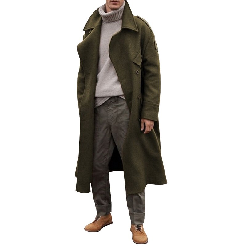 Khaki Trench Coat Men Classic Autumn Winter Long Jacket Men Casual Loose Long Coat Trench Male Overcoat Streetwear Coat: Army Green / M