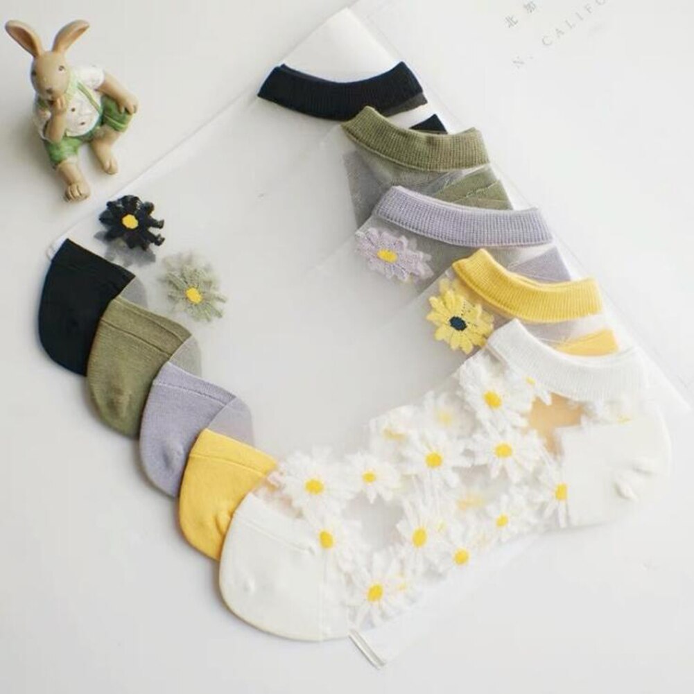 Small Daisy Sheer Tulle Floral Ankle Socks Women Best Mesh Transparent Girls Cute Black White Sheer Lace Nylon Socks Target Pop