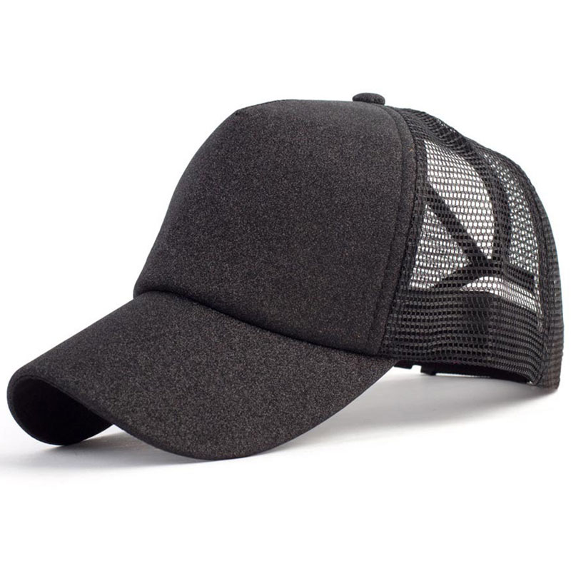 Damehat glitter høj hestehale hul kasket 5 #39 mesh trucker baseball cap guld sølv hvid sort pink brun blå: Sort