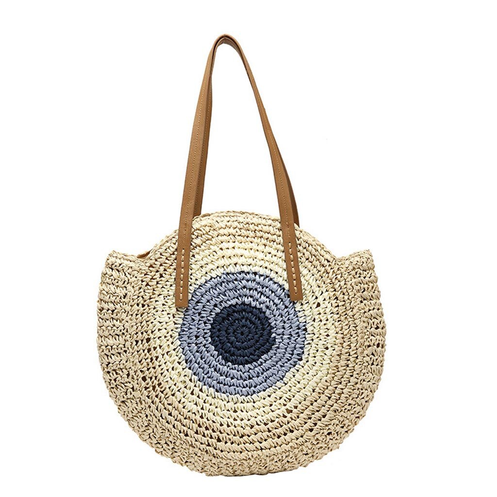 Round Straw Beach Bag Vintage Handmade Woven Shoulder Bag Raffia circle Rattan bags Bohemian Summer Vacation Casual Bags #H25: Beige