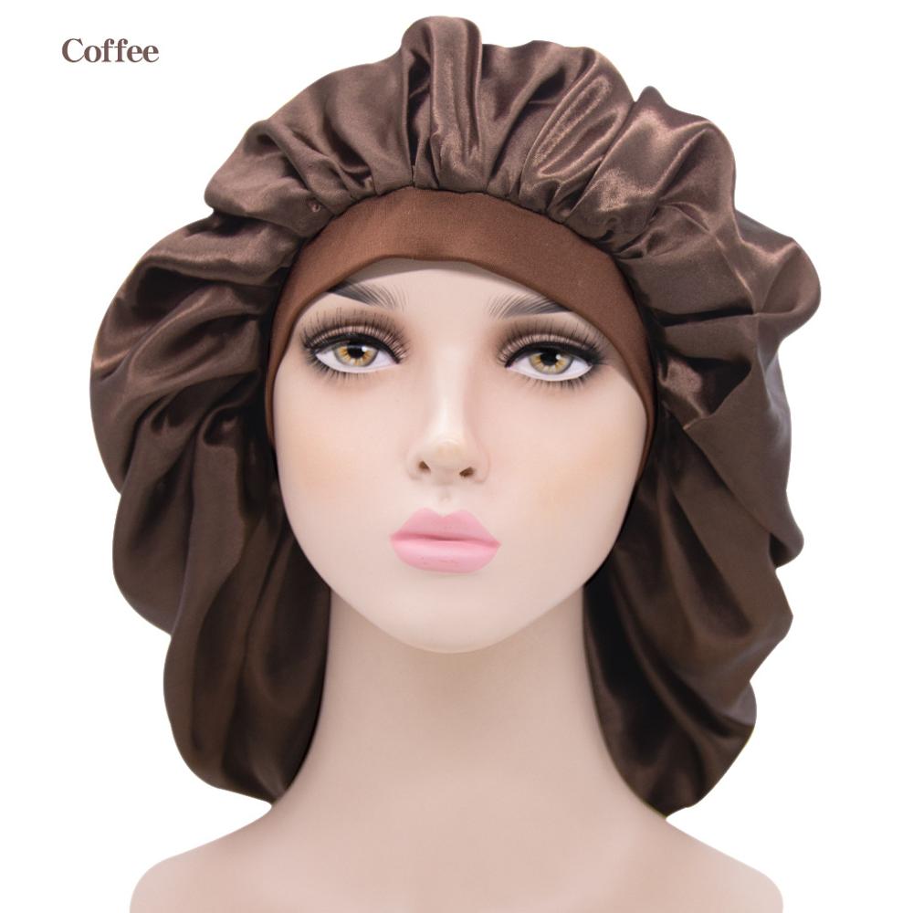Doppel Schichten Frauen Satin Bonnet Stretch Breite-Krempe Seidige Schlummertrunk Größere Größe Dusche Kappe TB-189/190: Solid Coffee
