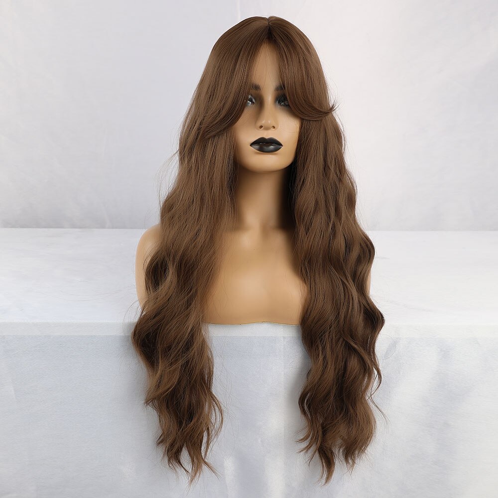 Jonrenau sintético marrom escuro longo ondulado perucas de cabelo com franja lateral resistente ao calor perucas de fibra para preto branco
