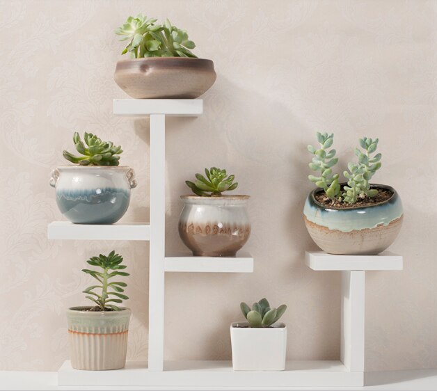 Gør det selv-samle massivt træ karnap sukkulent blomsterhylde flerlags indendørs stue skrivebord lille blomsterstativ altan stativ: Hvid farve hylde