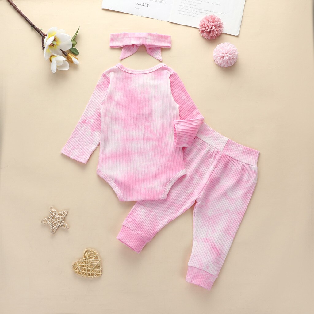 Baby Meisje Jongen Tie-Geverfd Pyjama Set Winter Nachtkleding Outfits Geribbelde Gebreide Ruches Lange Mouwen Bodysuit Broek Set Pasgeboren pyjama