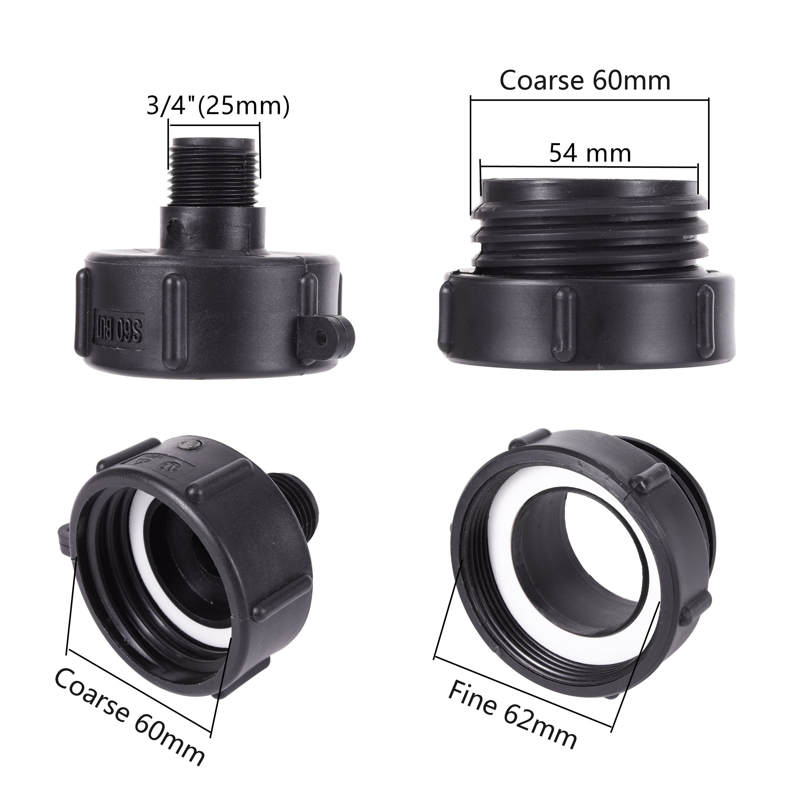Ibc tank koblinger hage vanntank kobling  s60 til 3/4 " hanngjenger 62mm fingjenger  til 60mm grovgjengede ventilfittings