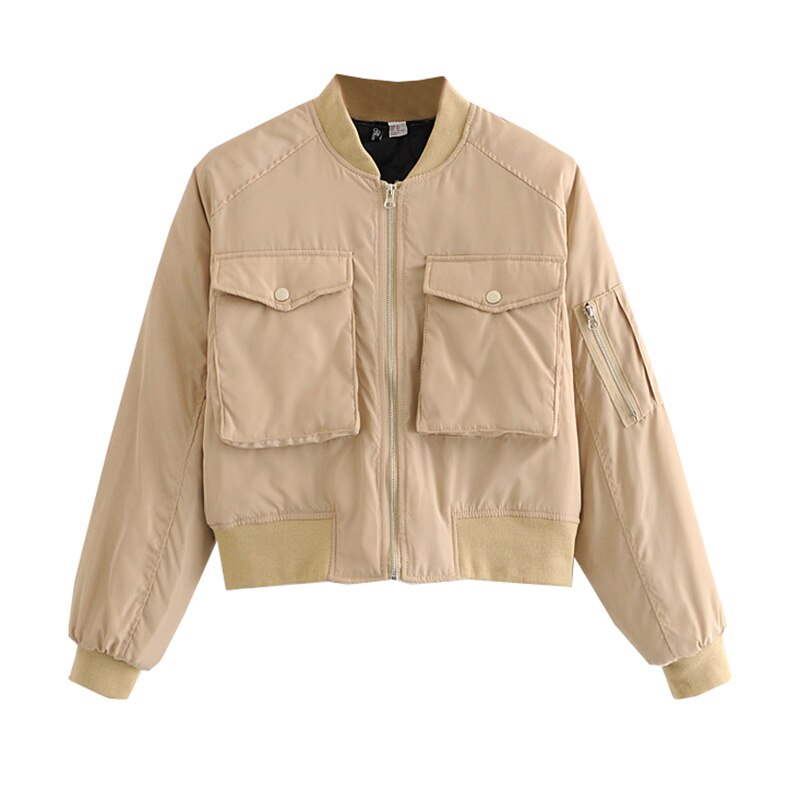 Chaquetas de béisbol cortas para Mujer, abrigo informal liso con cremallera, holgado, prendas de vestir, Tops, Chaqueta para Mujer: Khaki / S