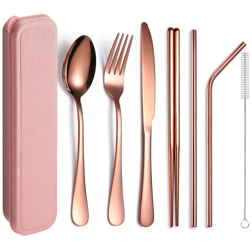 Food Grade 304 Stainless Steel Cutlery Set Silverware with Metal Straw Knife Fork Spoon Chopsticks 8Pcs Portable Travel Flatware: 8pcs rose gold set