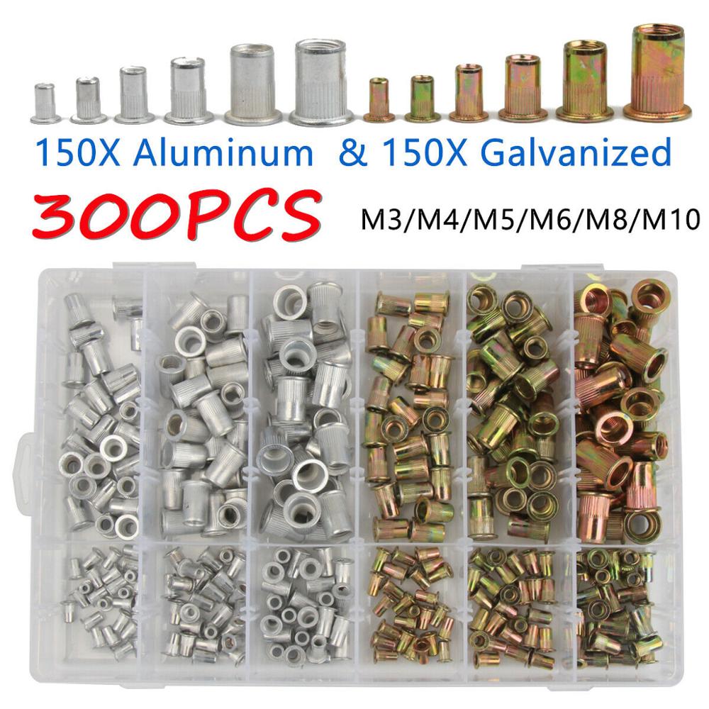 M3 M4 M5 M6 M8 M10 Rivet Nuts Set Zinc Plated Nutserts Threaded Insert Nutsert Cap Flat Head Rivet Nuts Carbon Steel 300pcs