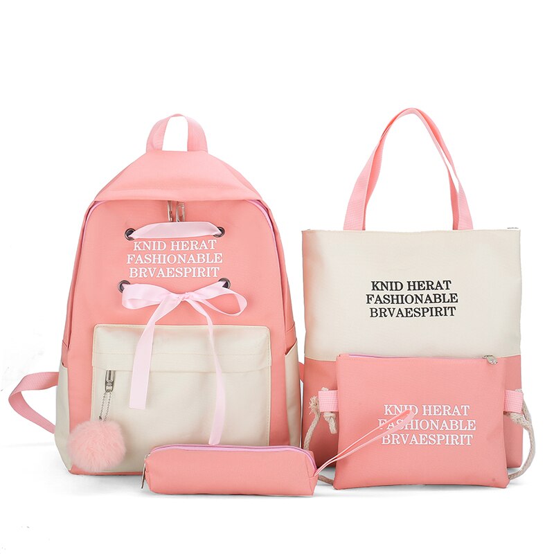 4 delar uppsättningar skolväskor ryggsäck 15.6 tum bärbar datorväska kvinnlig ryggsäck skolväska för tonårsflickor: 4 set rosa