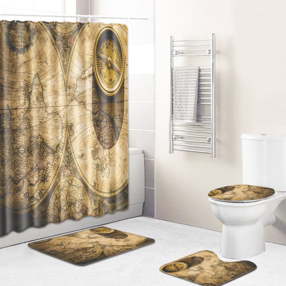 Classic World Map Pattern Shower Curtain Printing Bathroom Curtain Shower Wall-mounted Map Curtain World Map Shower Curtain