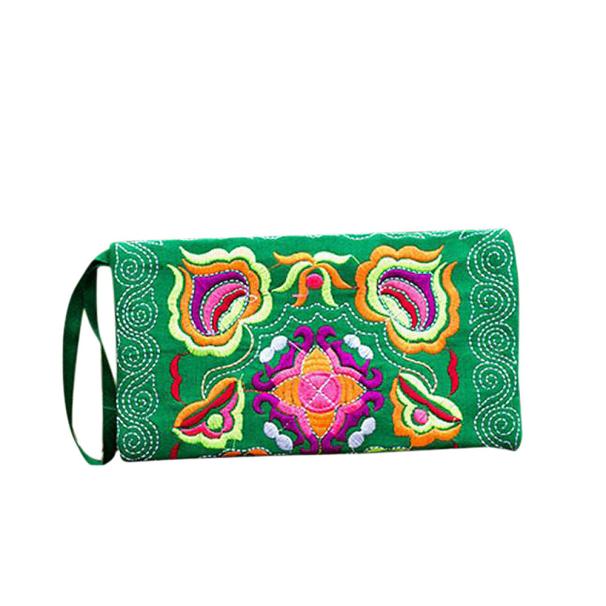 Clutch Bag Vintage Coin Purse Women Ethnic Card Package Handmade Embroidered Wristlet Wallet Women Flower Sac #xsw: Green