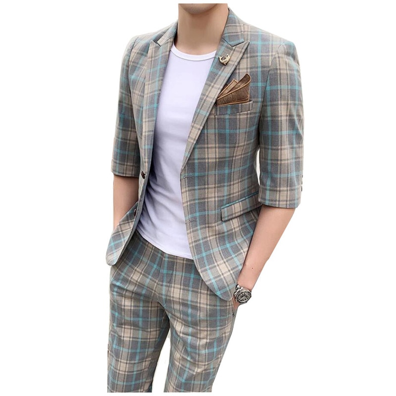 2 Pieces Suit Summer Mens Plaid Business Casual Slim Fit Wedding Groom Suits Terno Party Tuxedo Suits Sets