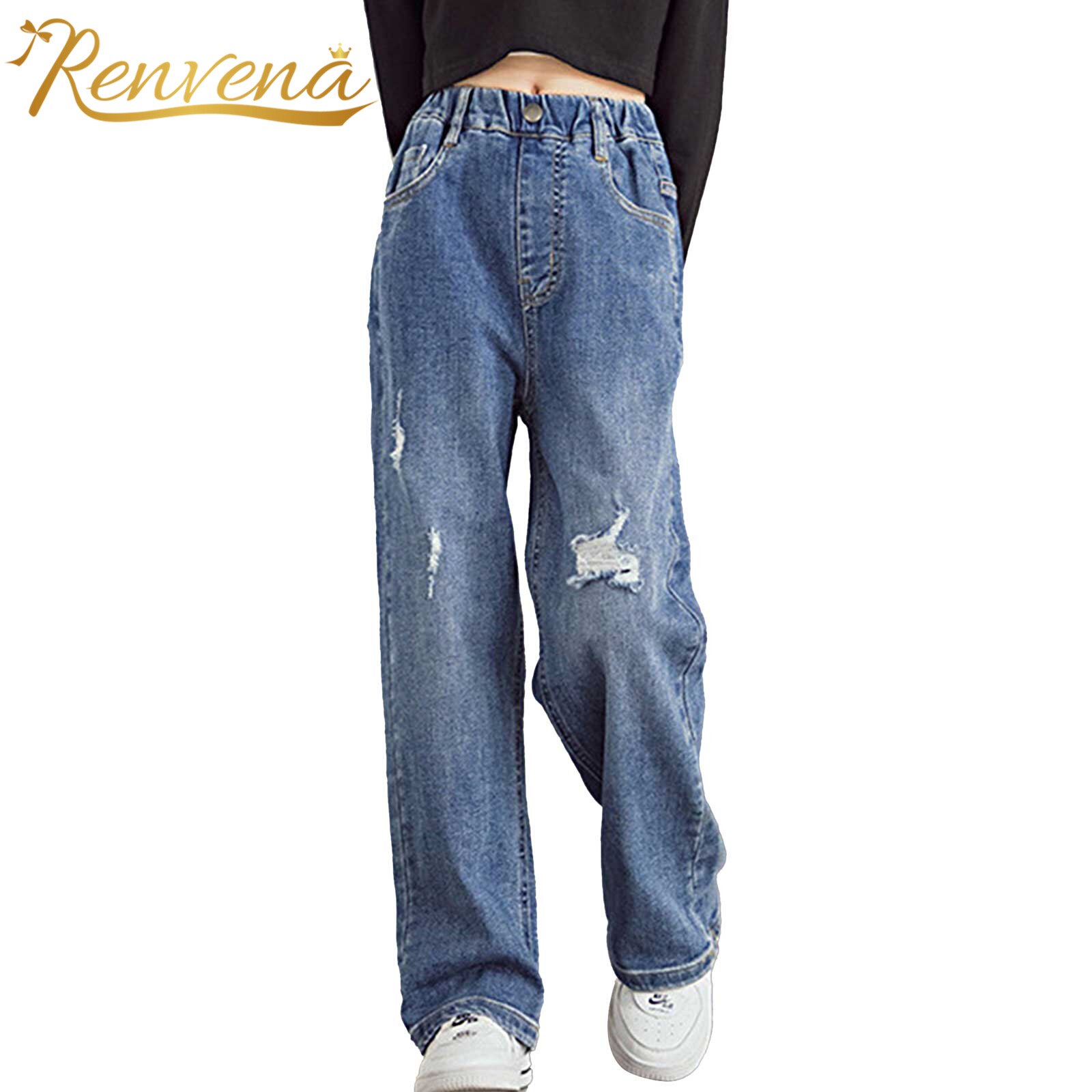 Pantalones vaqueros de para niños y niñas, Jeans de pierna ancha con cintura elástica lavada, pantalones de Jean informales, pantalones holgados de 5 a 14 años