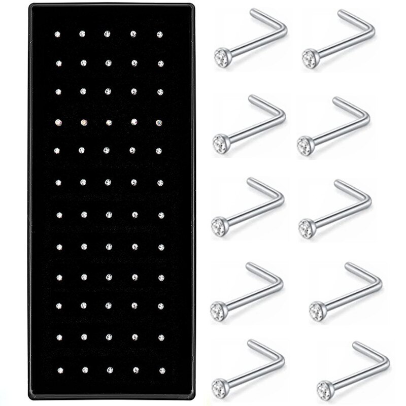 40/60 Stuk/Set Rvs L Vorm Neus Stud Pack 20G Crystal Straight Stud Neus Ring Set Neus stud Lot Piercing Nariz Pin: L Shape White / 40Piece Set