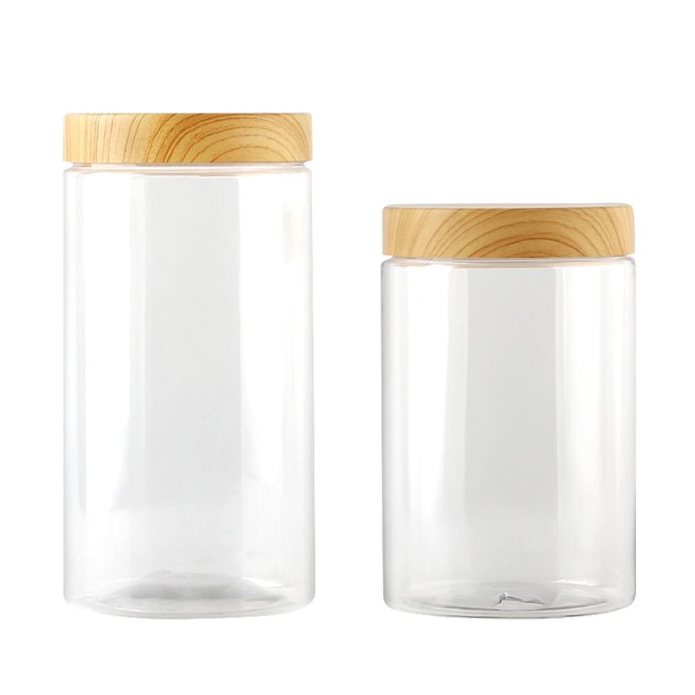 Transparent Vacuum Plastic Lid Container Wood Lid Airtight Canister Kitchen Storage Bottles Cereal Condiment Storage Container