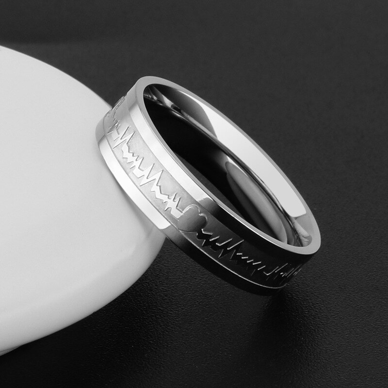 1Pcs Classic Titanium Stalen Ring Elektrocardiogram Golf hartslag Ring Bruiloft Koppels Ringen Bijouterie voor Man of Vrouw: 5 / Steel-color / 4mm