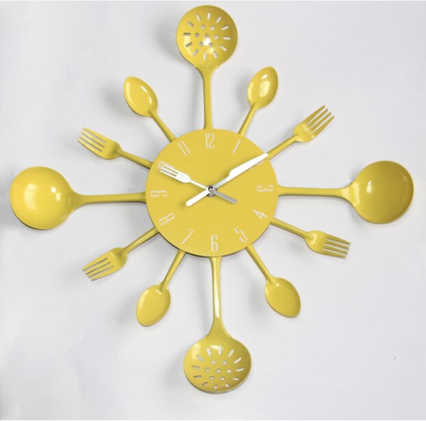 Cutlery Metal Kitchen Wall Clock Spoon Fork Quartz Wall Mounted Clocks Modern Decorative Horloge Murale: yellow2