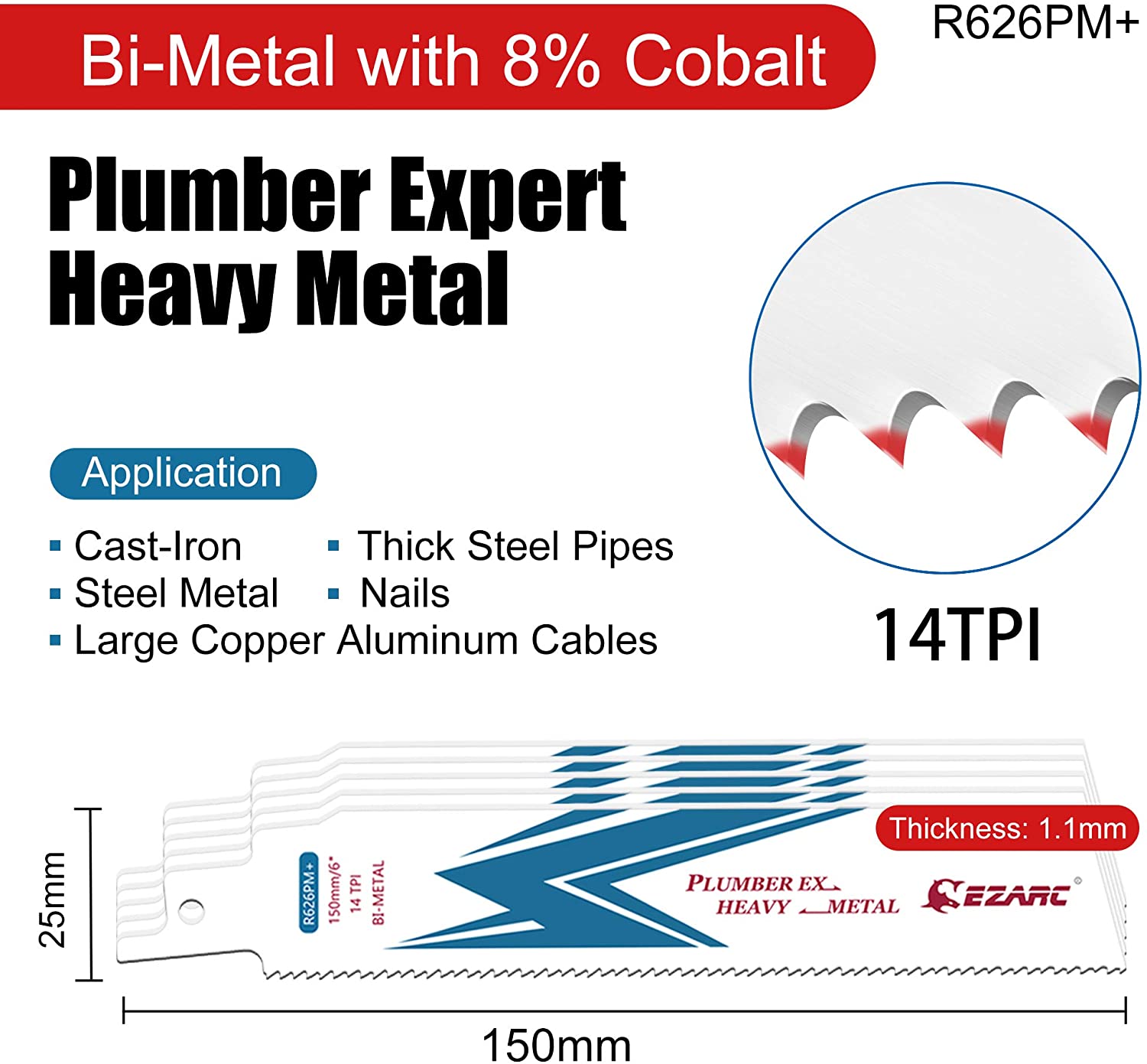 Ezarc 150Mm 5Pcs Reciprozaag Blade Bi-Metalen Kobalt Sabre Zaagbladen Voor Heavy Metal Snijden 6-Inch R626PM + 14TPI (5-Pack)