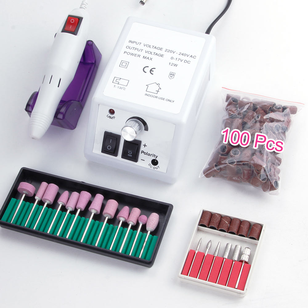 Electric Machine Apparatus for Manicure Pedicure Nail Tools 12Pcs Quartz Nail Drill Bits Nail Tools 100Pcs Sanding Bands EU Plug