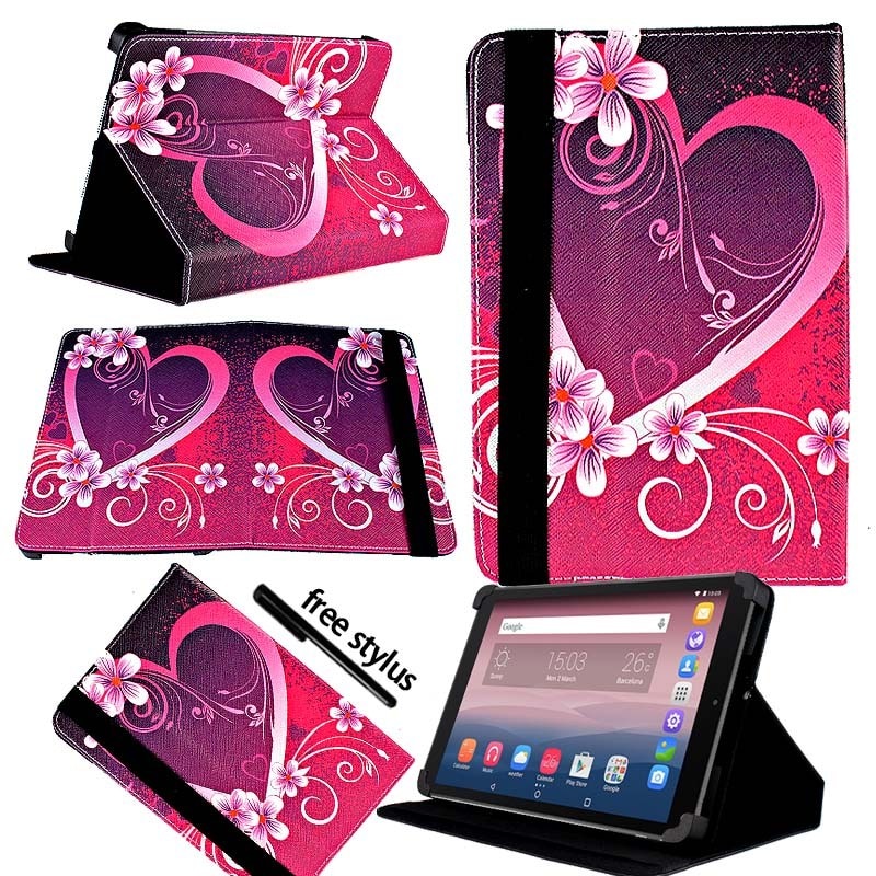 KK&LL For Alcatel OneTouch Pixi 3 10 inch - Leather Tablet Stand Folio Cover Case + Free stylus: Love Heart