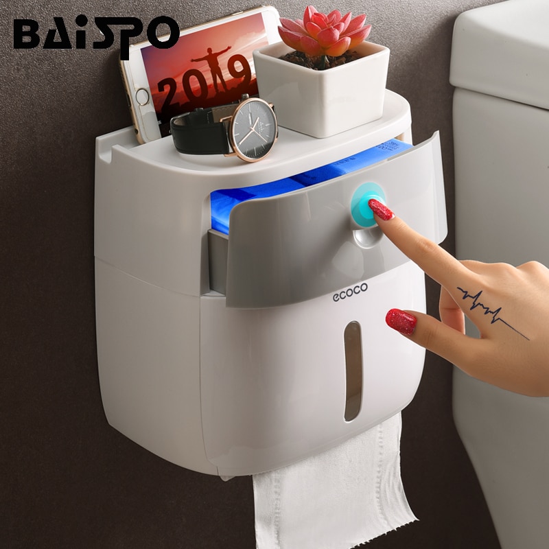 Baispo dobbeltlag toiletpapirholder vandtæt opbevaringsboks vægmonteret toiletrulle dispenser bærbare toiletpapirholdere