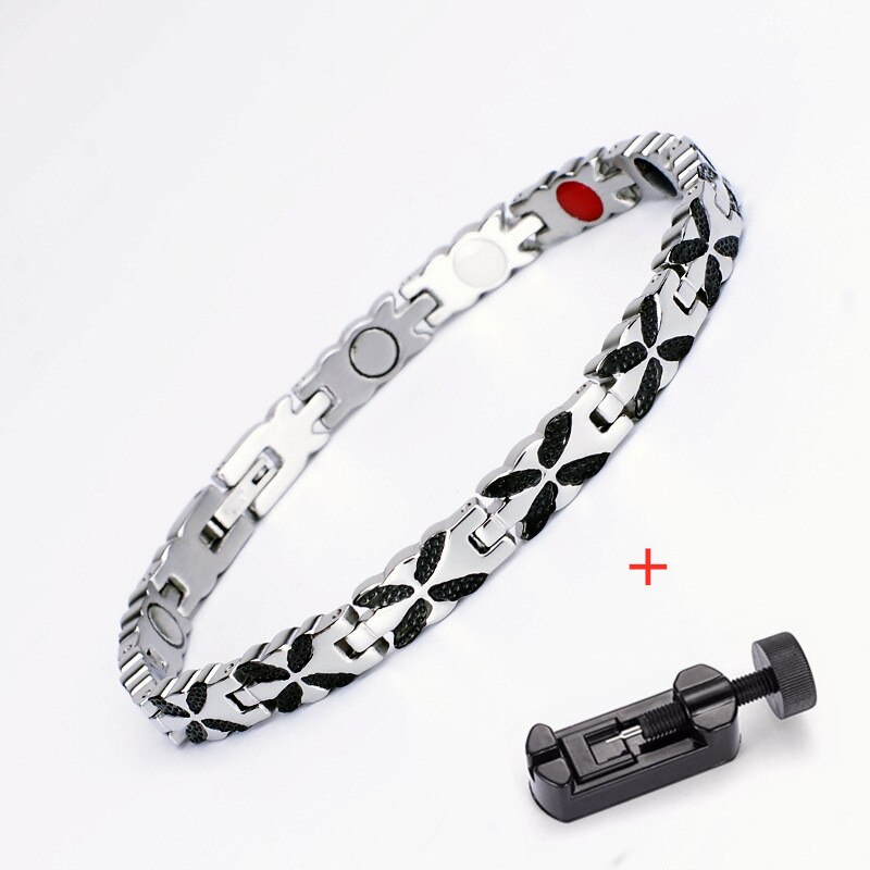 Stainless Steel Motion Health Care Bracelet For Women and Mens Rose Gold Color Grain Magnetic Bracelet Women Jewelry: Black with tool