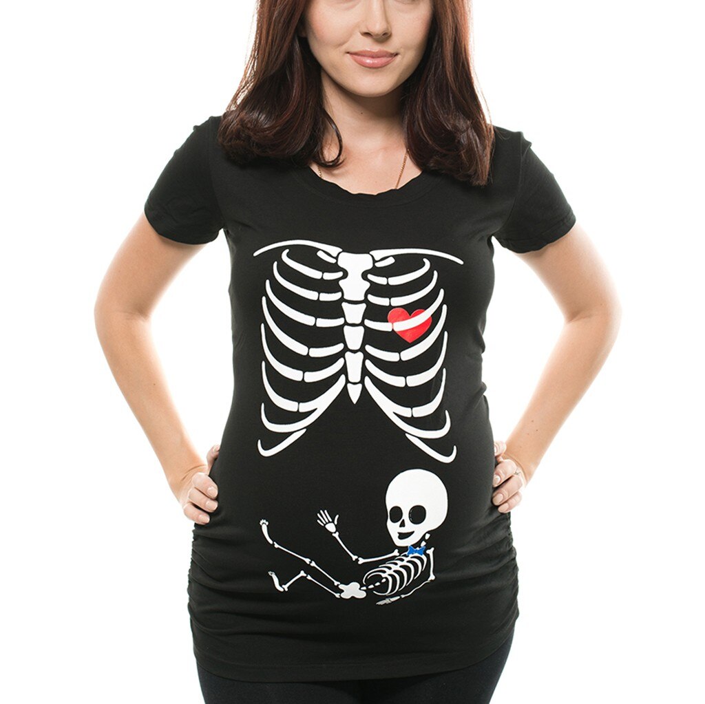 Grande taille hauts de maternité à manches courtes squelette impression hauts grossesse chemise enceinte décontracté allaitement vêtements Ropa Embarazada: Black / XXL