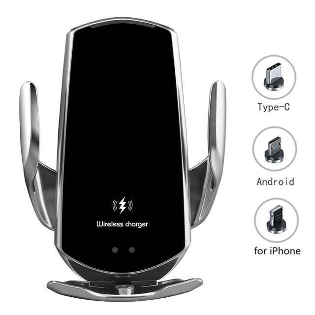 Automatic 15W Qi Car Wireless Charger for iPhone 12 11 XS XR X 8 Samsung S21 S20 Magnetic USB Infrared Sensor Phone Holder Mount: Silver