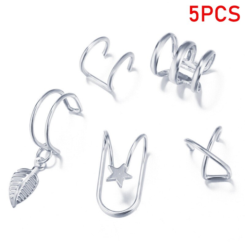 12pcs/set Punk Rock Ear Clip Cuff Wrap Earrings No piercing-Clip On Cartilage Wrap Earring: 5pcs silver
