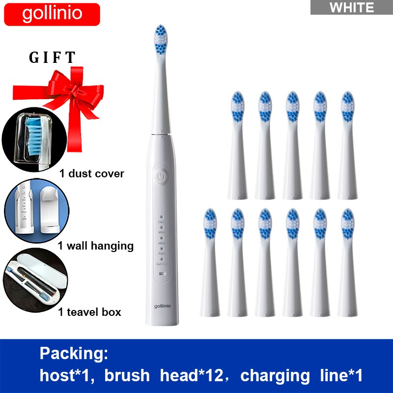 Gollinio-cepillo de dientes eléctrico recargable por Usb, dispositivo dental electrónico de carga rápida GL09A, cabezal de repuesto sónico, resistente al agua, xp7: GL09WHITE12H-HB