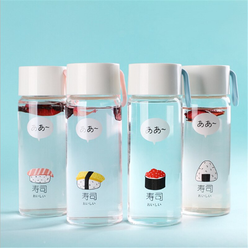 Bouteille d'eau en verre de 300 ML avec corde en Silicone, jolie bouteille d'eau Portable avec motif Sushi, pour enfant
