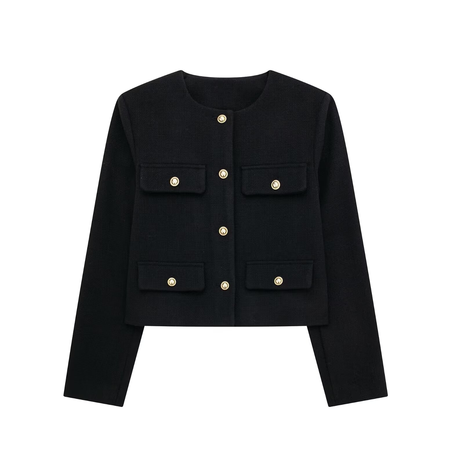 Trafza kvinder bomber cropped jakker dame blazer med gyldne knapper forår dame chic streetwear outwear top: S / Sort