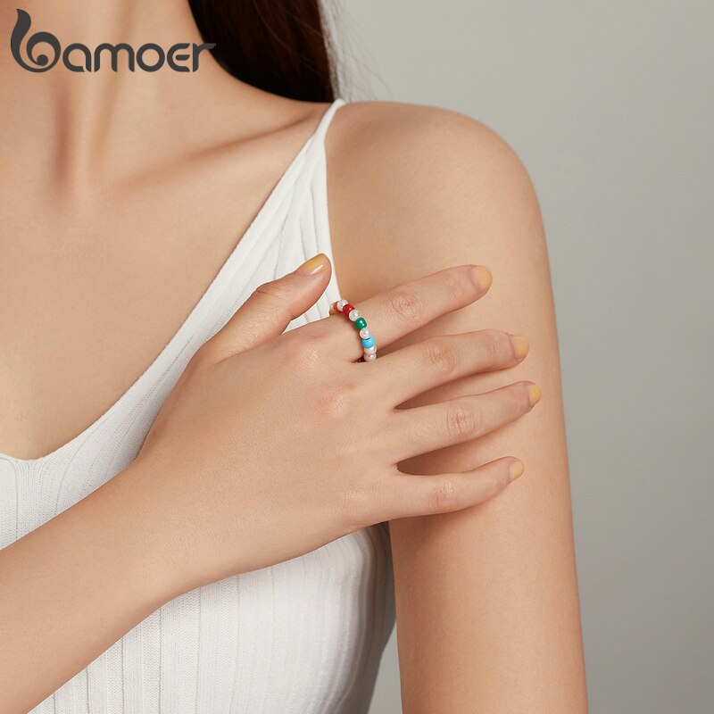 Bamoer shell pearl serie, exquisiter regenbogenring für damen, sommer-allround-hochzeitsschmuck, gxr 731