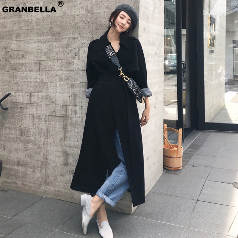 Koreansk stil kvinders pring efterår maxi lange frakker khaki & sort løs trenchcoat med bælte plus size vindjakke udtøj