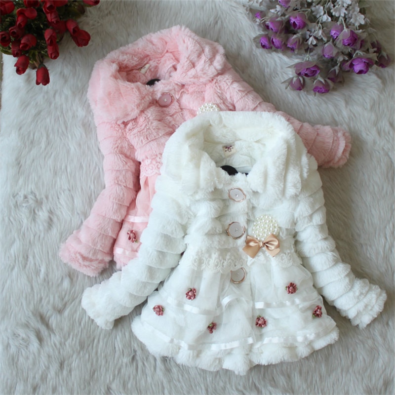 Meisjes Bontjas Kleding Met Parel Kanten Bloem Herfst Winter Dragen Kindje Kinderen Faux Fur Jurk Jurken Stijl Jas