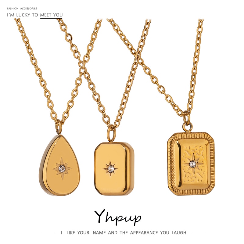 Yhpup collier ras du cou en acier inoxydable pour les femmes coeur motif carré pendentif chaîne collier cubique zircone bijoux