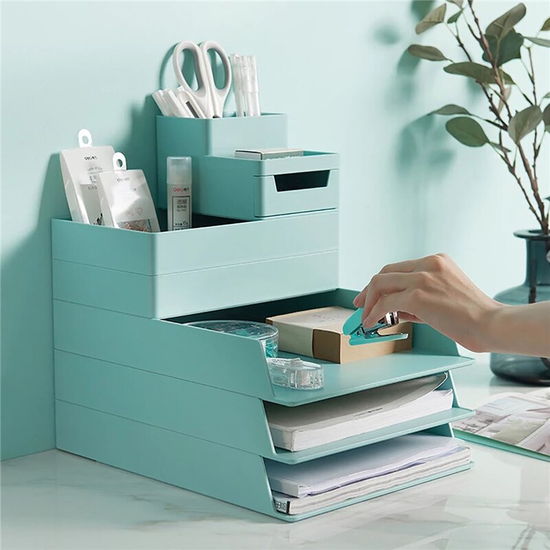Office Stackable Storage Box Desktop Multi-purpose Stationery Document Paper Organizer Tray A4 File Folder Phone Pen Holder Box