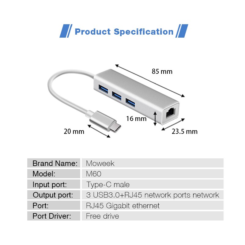 Usb 3.0 Hub Type C Naar Ethernet Netwerk Adapter 1000 Mbps RJ45 Met 3 Usb 3.0 Poorten Usb Splitter Voor macbook Pro