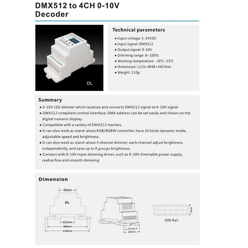 DMX512 to 4CH 0-10V Decoder 0-10V LED Dimmer DMX512 Signal to 0-10V Signal RGB/RGBW Controller 4 Channel Dimmer 5-24V