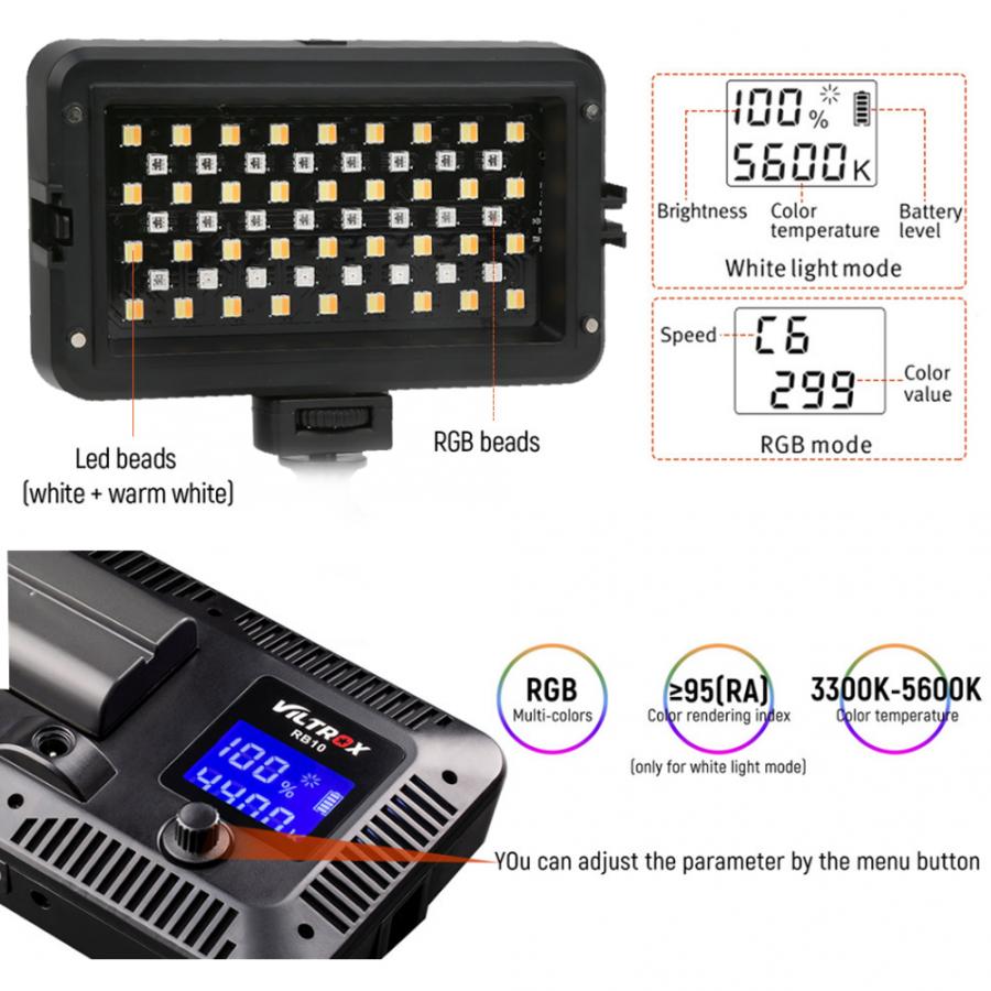 Viltrox  rb10 rgb kleurrijke led videolamp 2500-8500k kleurtemperatuur dimbare fotografielamp ringlicht opname-invullicht