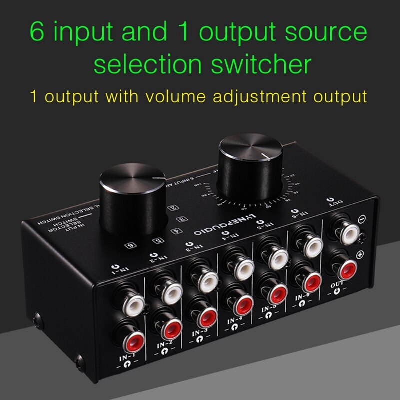 6 Input 1 Output Switcher Audio Source Selection Switcher RCA Audio Input Signal Selector Switch with Volume Adjustment and Manu