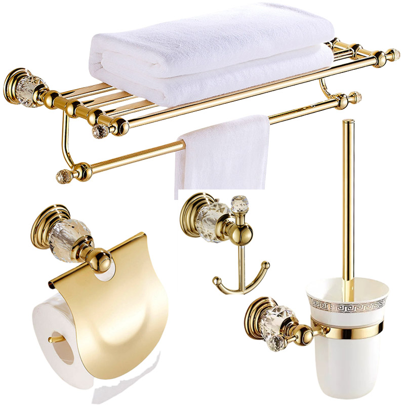 Luxury Gold Polished Brass Bathroom Accessories Set - Wall-Mounted Crystal Bath Hardware Collection