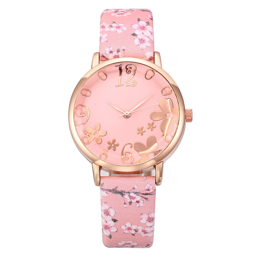 Luxus Uhr Frauen Geprägte Blumen Kleine Frische Gedruckt Gürtel Zifferblatt Uhr Weibliche Schüler Quarzuhr Relogio Feminino: F