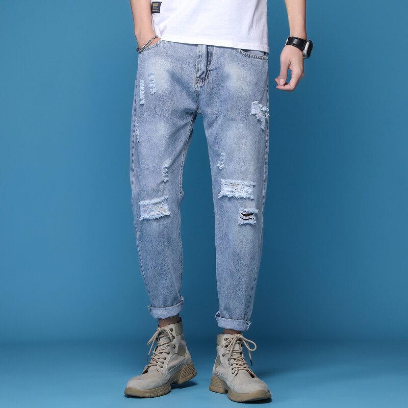 Ripped Jeans for men Stretch Nine Hole Pants