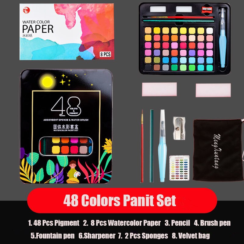 36/48 Kleuren Aquarel Verf In Delicate Doos Effen Aquarellen Met Kwast Aquarel Papier Schilderen Set Art Supplies: 48 Colors Set-Black